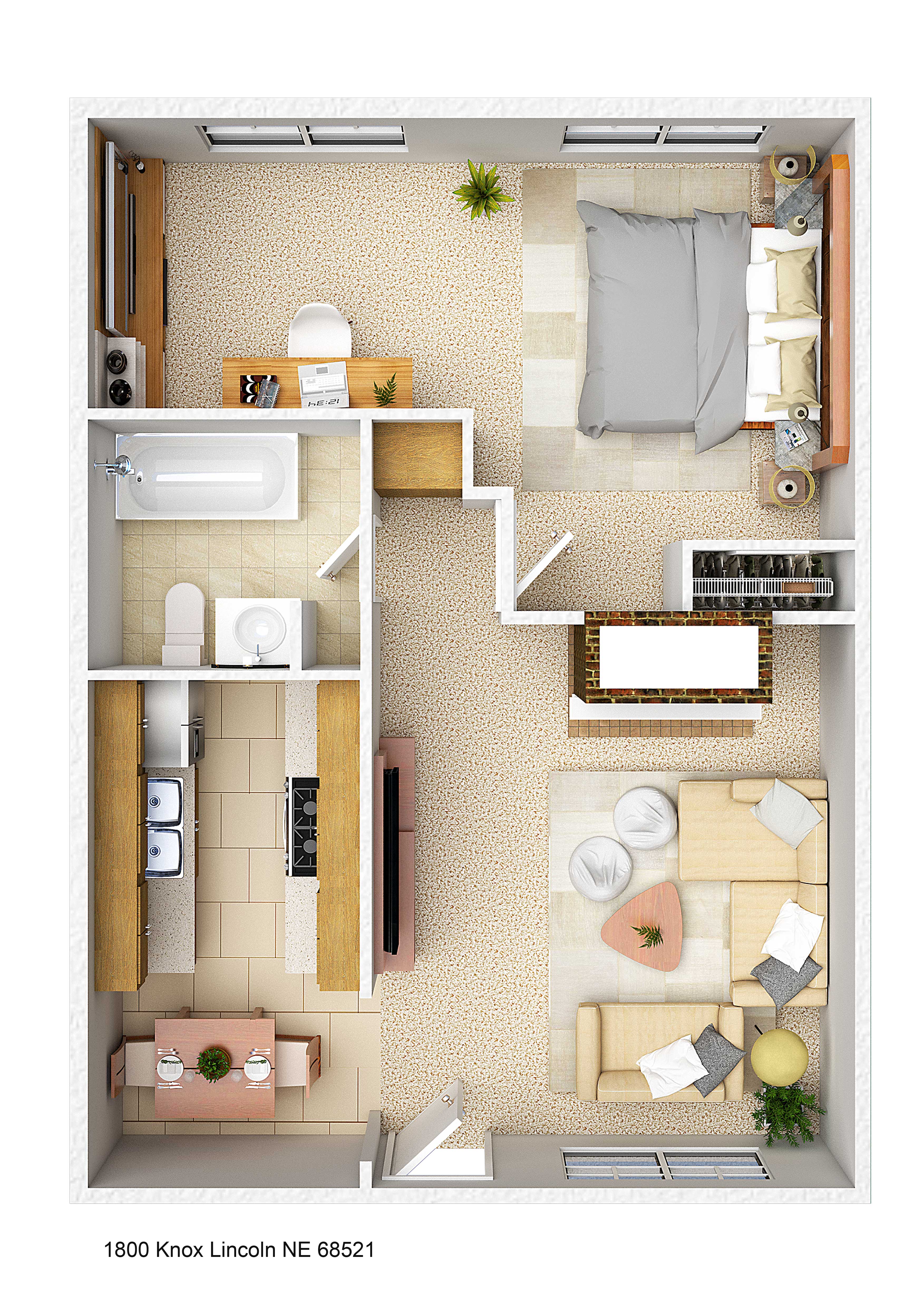 Floor plan for 1 bed, 1 bath, 857 sqft